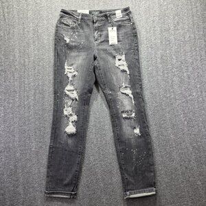 Judy Blue Jeans Womens 7/28 Black Mid Rise Boyfriend Fit Distressed Denim Skinny